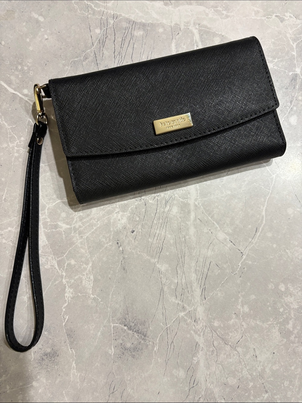 kate spade Black Textured Wristlet Clutch with Gold Plaque